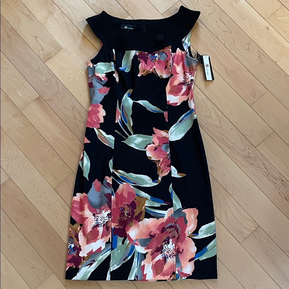 NWT AB Studio Black Midi Dress with Pink Floral Print size 4
